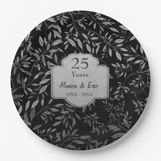 Zilveren bladeren op zwart 25e Jubileum Papieren Bordje (Voorkant)