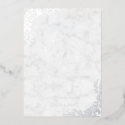 Zilveren bladeren wit marmer moslim bruiloft folie uitnodiging (Voorkant)