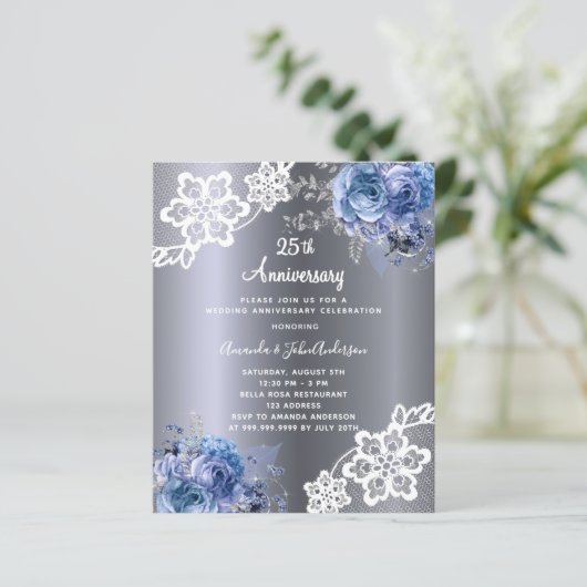 Zilveren blauw 25e huwelijksverjaardag uitnodiging (Staand voorkant)