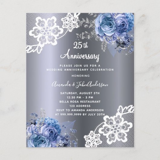 Zilveren blauw 25e huwelijksverjaardag uitnodiging (Voorkant)
