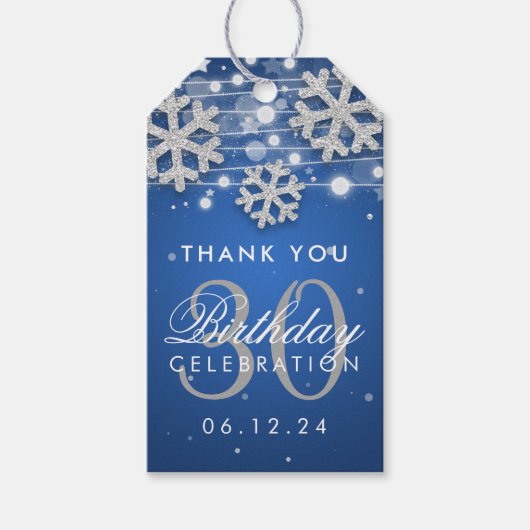 Zilveren Blauw 30e Verjaardag Dank u Winter Cadeaulabel (Voorkant)