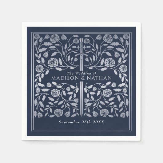 Zilveren Blauw Koninklijk Middeleeuws Goud Zwaard  Servet (Voorkant)