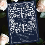 Zilveren Blauw Koninklijk Middeleeuws Zwaard Bruil Folie Uitnodiging<br><div class="desc">Vier uw speciale dag met deze Royal Medieval Sword Wedding design. Dit ontwerp is voorzien van een lijst met een zwaard en bloemetjes. De achterkant van dit product is afgedrukt in platte kleuren en is GEEN echte folie.</div>