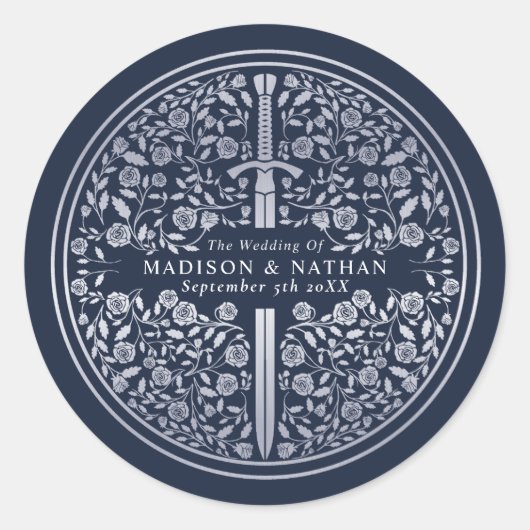 Zilveren Blauw Koninklijk Middeleeuws Zwaard Bruil Ronde Sticker (Voorkant)