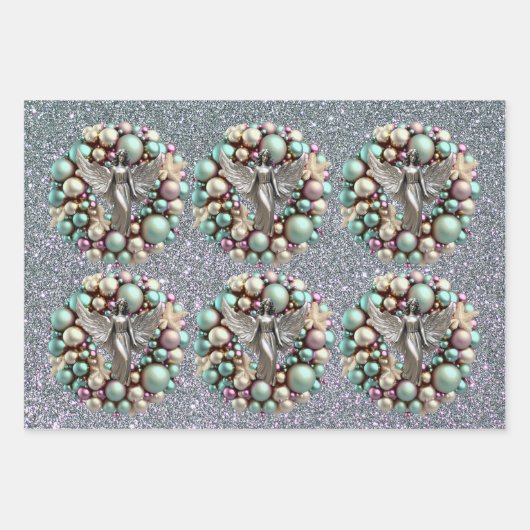 Zilveren Blauw Roze Kerstkrans Zilveren Engel Inpakpapier Vel (Voorkant 3)