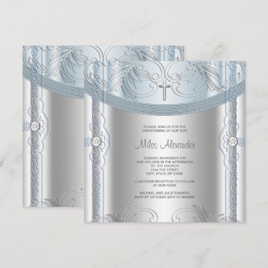 Zilveren Blauwe Baby Boy Doop Kaart (Voorkant / Achterkant)