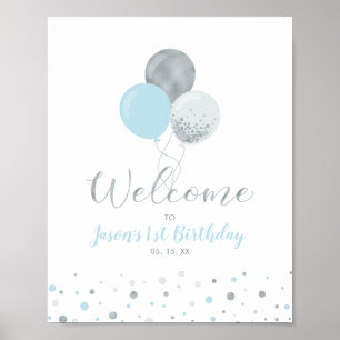 Zilveren & Blauwe Ballonnen Jongen 1e Verjaardag Poster