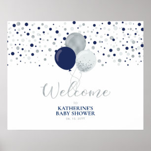 Zilveren & Blauwe Ballonnen Moderne Baby Shower We Poster