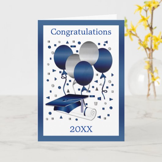 Zilveren blauwe ballonnen, mortel en diploma Afstu Kaart (Gele Bloem)