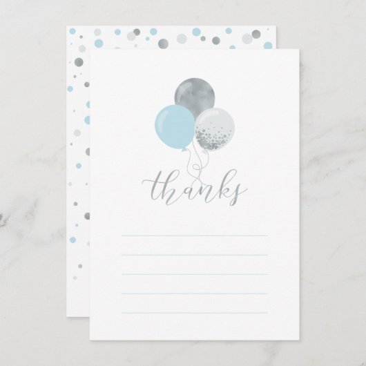 Zilveren & blauwe ballonnen | Partij Dank u Nota K Bedankkaart (Voorkant / Achterkant)
