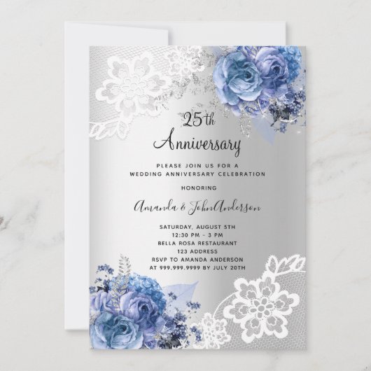 Zilveren blauwe bloemen 25e trouwdag kaart (Voorkant)