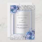 Zilveren blauwe bloemen 25e trouwdag kaart (Voorkant)