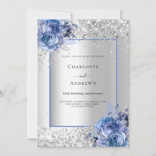 Zilveren blauwe bloemen 25e trouwdag kaart (Voorkant)