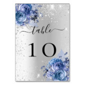 Zilveren blauwe bloemen bruidstafel nummer kaart (Voorkant)