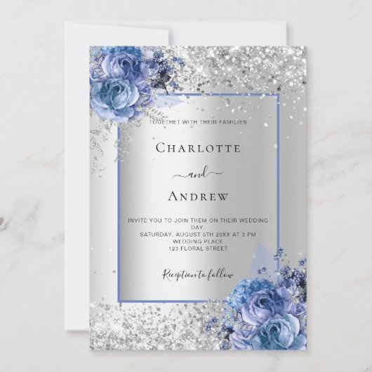 Zilveren blauwe bloemen bruiloft kaart (Voorkant)
