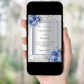 Zilveren blauwe bloemen bruiloft kaart