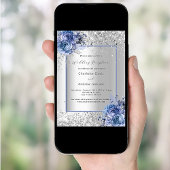 Zilveren blauwe bloemen bruiloft receptie kaart