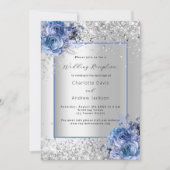 Zilveren blauwe bloemen bruiloft receptie kaart (Voorkant)