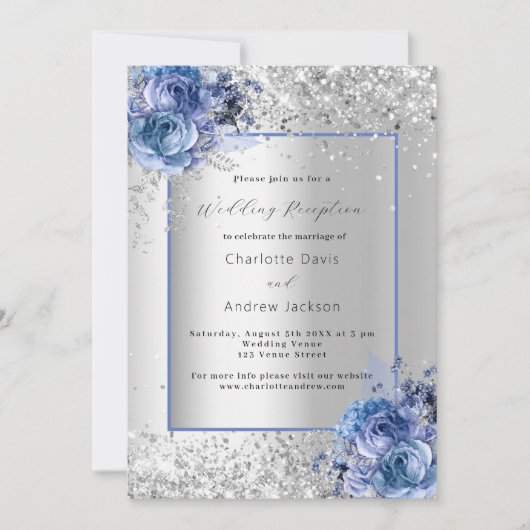 Zilveren blauwe bloemen bruiloft receptie kaart (Voorkant)