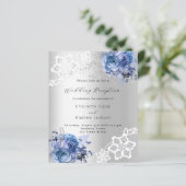 Zilveren blauwe bloemen bruiloft receptie uitnodig (Staand voorkant)