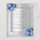 Zilveren blauwe bloemen bruiloft receptie uitnodig (Voorkant)