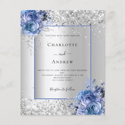 Zilveren blauwe bloemen bruiloft uitnodiging (Voorkant)