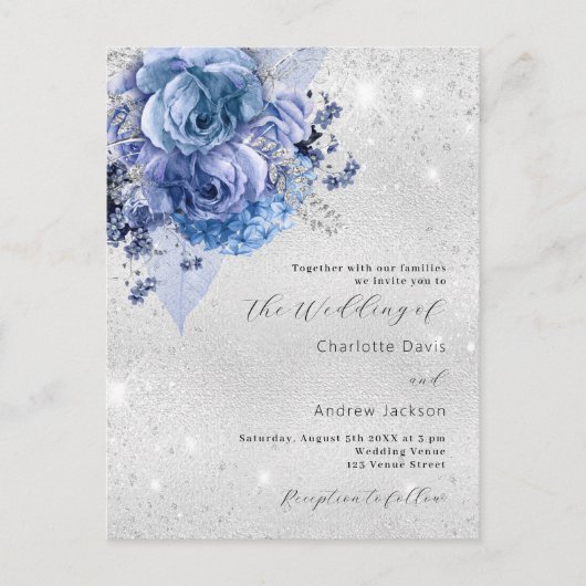 Zilveren blauwe bloemen bruiloft uitnodiging briefkaart (Voorkant)