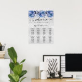 Zilveren blauwe bloemen bruiloft zitgrafiek poster (Thuiskantoor)