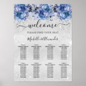 Zilveren blauwe bloemen bruiloft zitgrafiek poster (Voorkant)