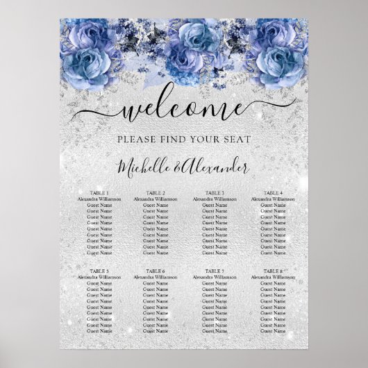 Zilveren blauwe bloemen bruiloft zitgrafiek poster (Voorkant)