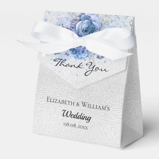 Zilveren blauwe bloemen dank u bruiloft bedankdoosjes (Voorkant Zijde)