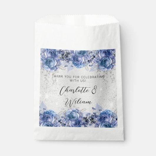 Zilveren blauwe bloemen dank u bruiloft bedankzakje (Voorkant)