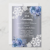 Zilveren blauwe bloemen kant 25e huwelijksverjaard kaart (Voorkant)