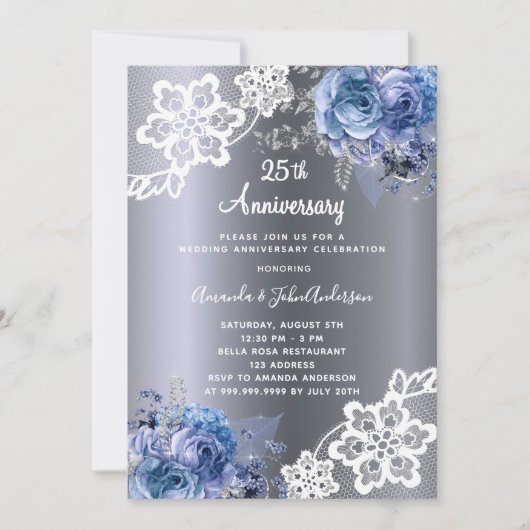 Zilveren blauwe bloemen kant 25e huwelijksverjaard kaart (Voorkant)