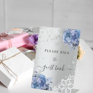 Zilveren blauwe bloemen kant gast boek teken reclamebord met voetstuk