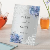 Zilveren blauwe bloemen kant kaarten cadeaus bord reclamebord met voetstuk (Insitu)