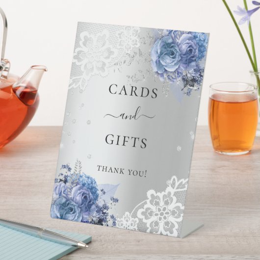 Zilveren blauwe bloemen kant kaarten cadeaus bord reclamebord met voetstuk (Insitu)