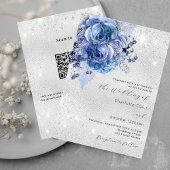 Zilveren blauwe bloemen QR code RSVP details bruil Kaart
