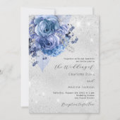Zilveren blauwe bloemen QR code RSVP details bruil Kaart (Voorkant)