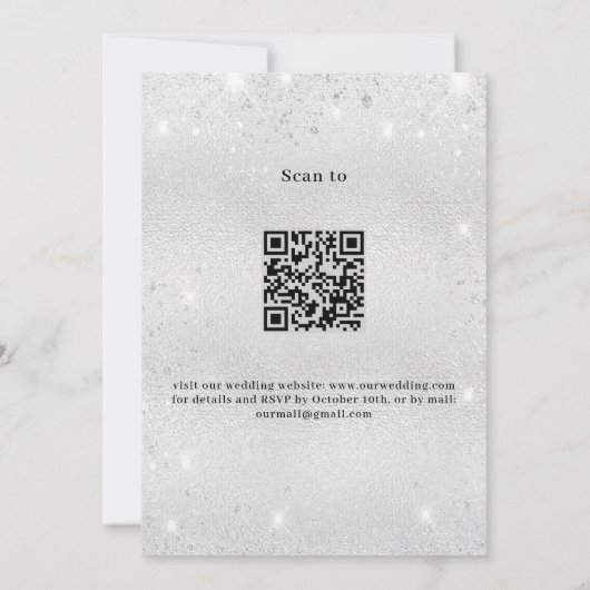 Zilveren blauwe bloemen QR code RSVP details bruil Kaart (Achterkant)