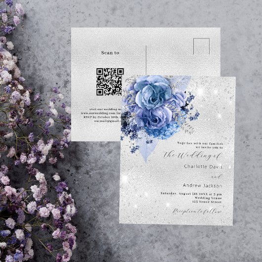 Zilveren blauwe bloemen QR code RSVP details bruil Uitnodiging Briefkaart