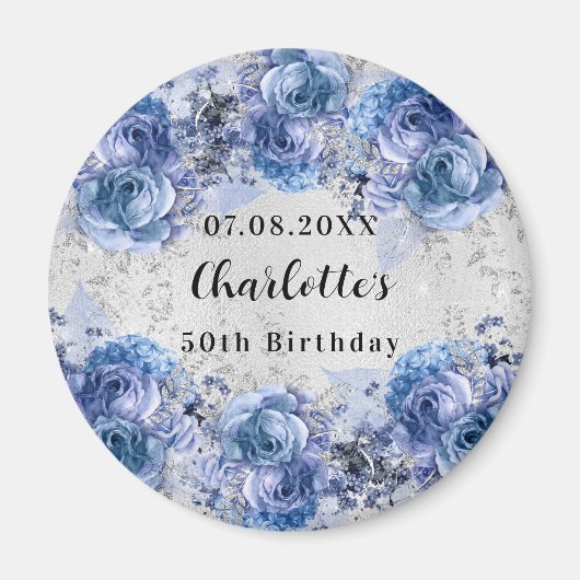 Zilveren blauwe bloemen verjaardag save the date magneet (Voorkant)