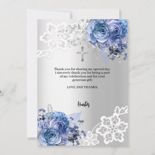Zilveren blauwe bloemendoop foto bedankkaart kaart (Achterkant)