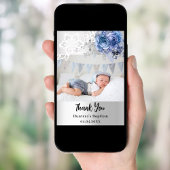 Zilveren blauwe bloemendoop foto bedankkaart kaart