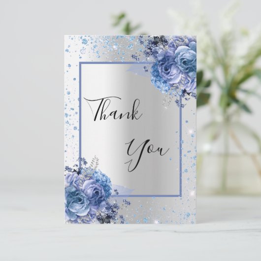 Zilveren blauwe bloemenglitter foto bruiloft bedankkaart (Staand voorkant)