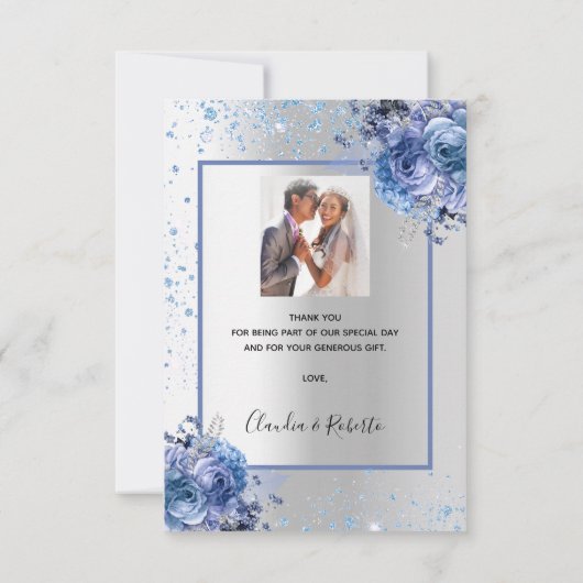 Zilveren blauwe bloemenglitter foto bruiloft bedankkaart (Achterkant)
