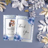 Zilveren blauwe bloemenglitter foto bruiloft bedankkaart