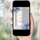 Zilveren blauwe bloemenluxe 25e trouwdag kaart