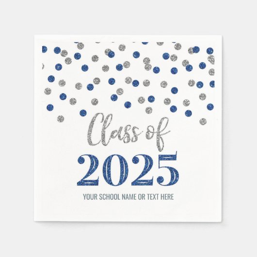 Zilveren Blauwe Confetti Afstudeerklas 2025 Servet (Voorkant)