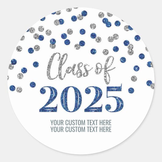 Zilveren Blauwe Confetti Afstuderen 2025 Ronde Sticker (Voorkant)